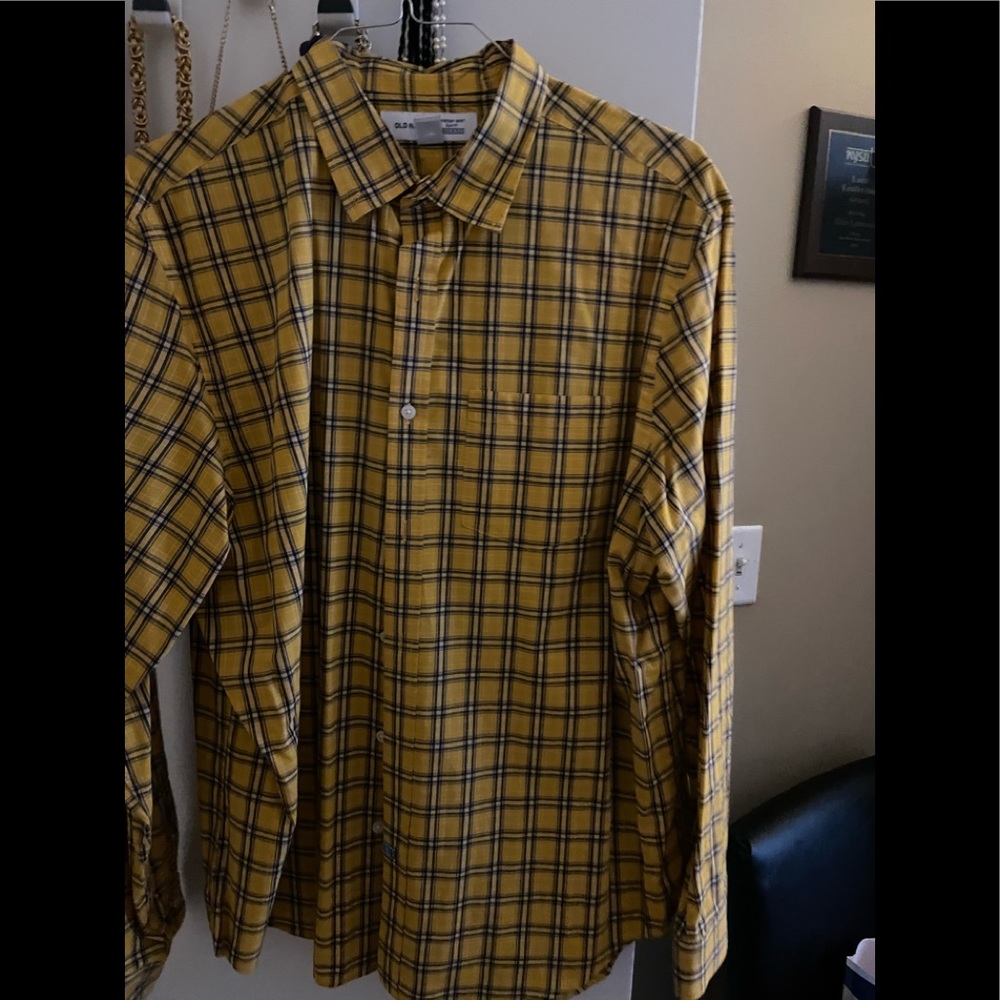 Old Navy Built in Flex Dress Shirt in Yellow and Navy Plaid Size XL